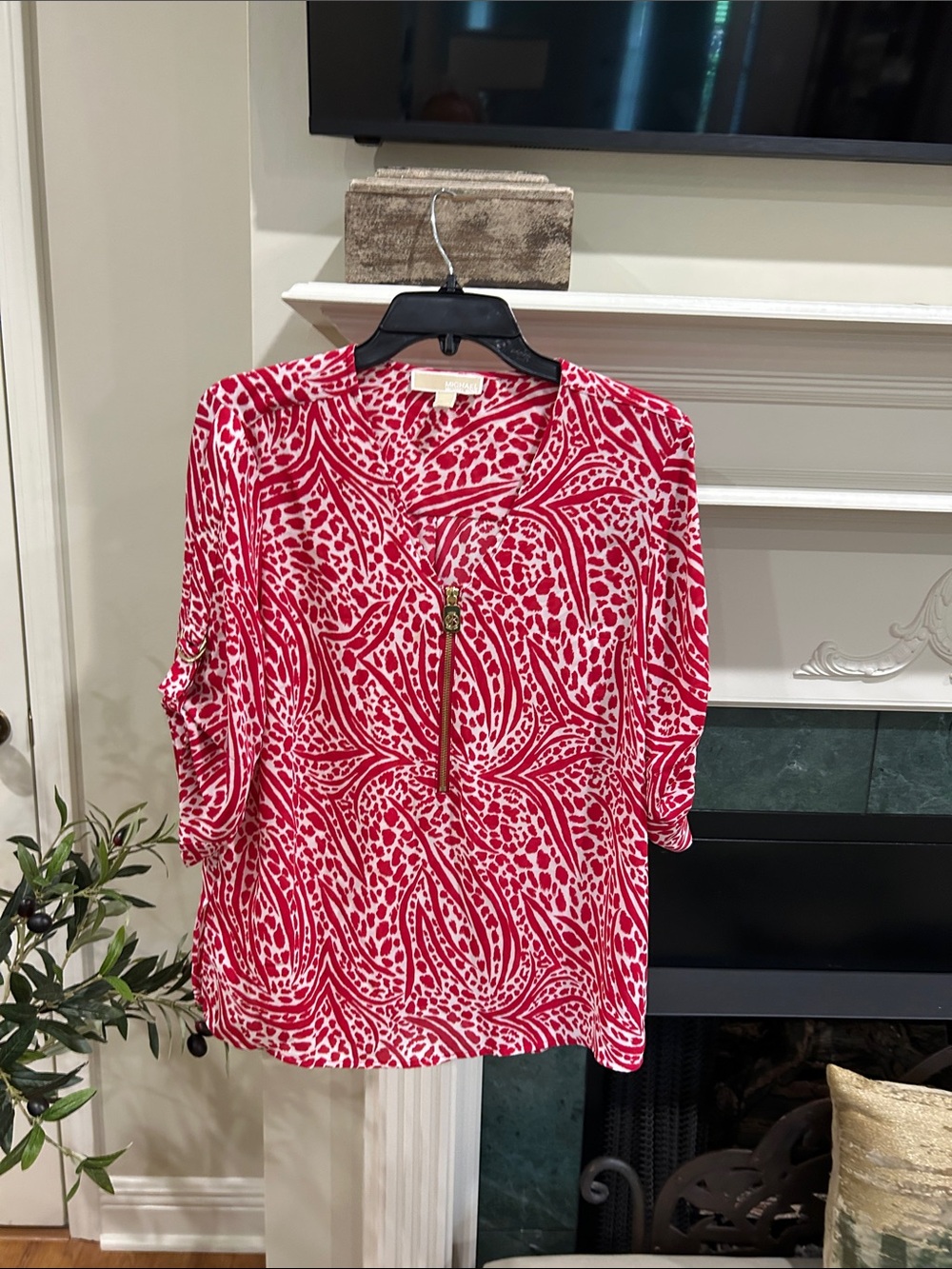 Michael Kors Pink and White Printed Zip-Front Blouse - Picture 1 of 3